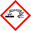 "Bijtend" pictogram : vierkant op punt met rode rand en symbool van een heet en bijtend product voor de huid of artikelen